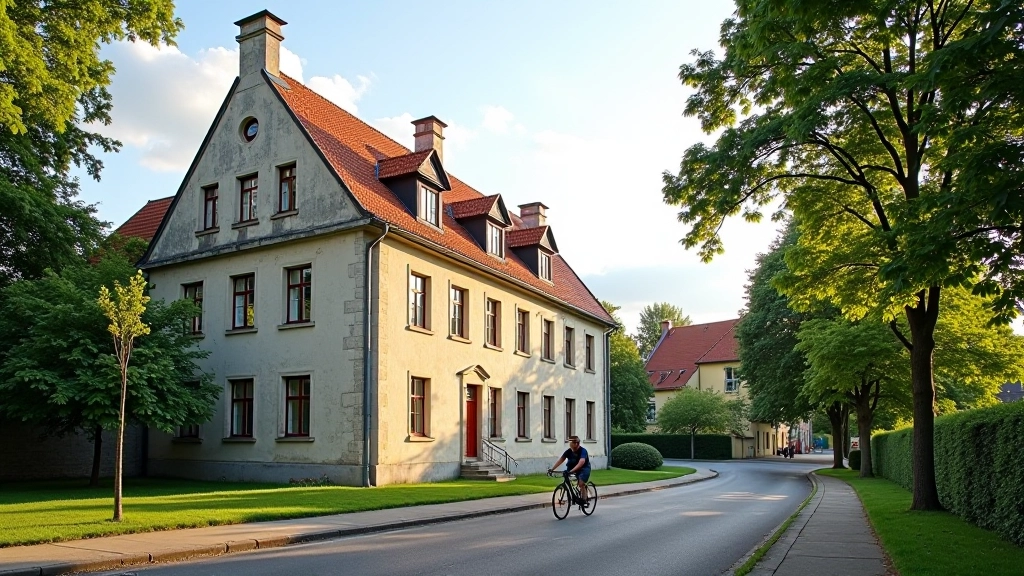 Senas Klaipėdos pastatymas šalia dviračių tako, istorinė architektūra, vasaros apšvietimas